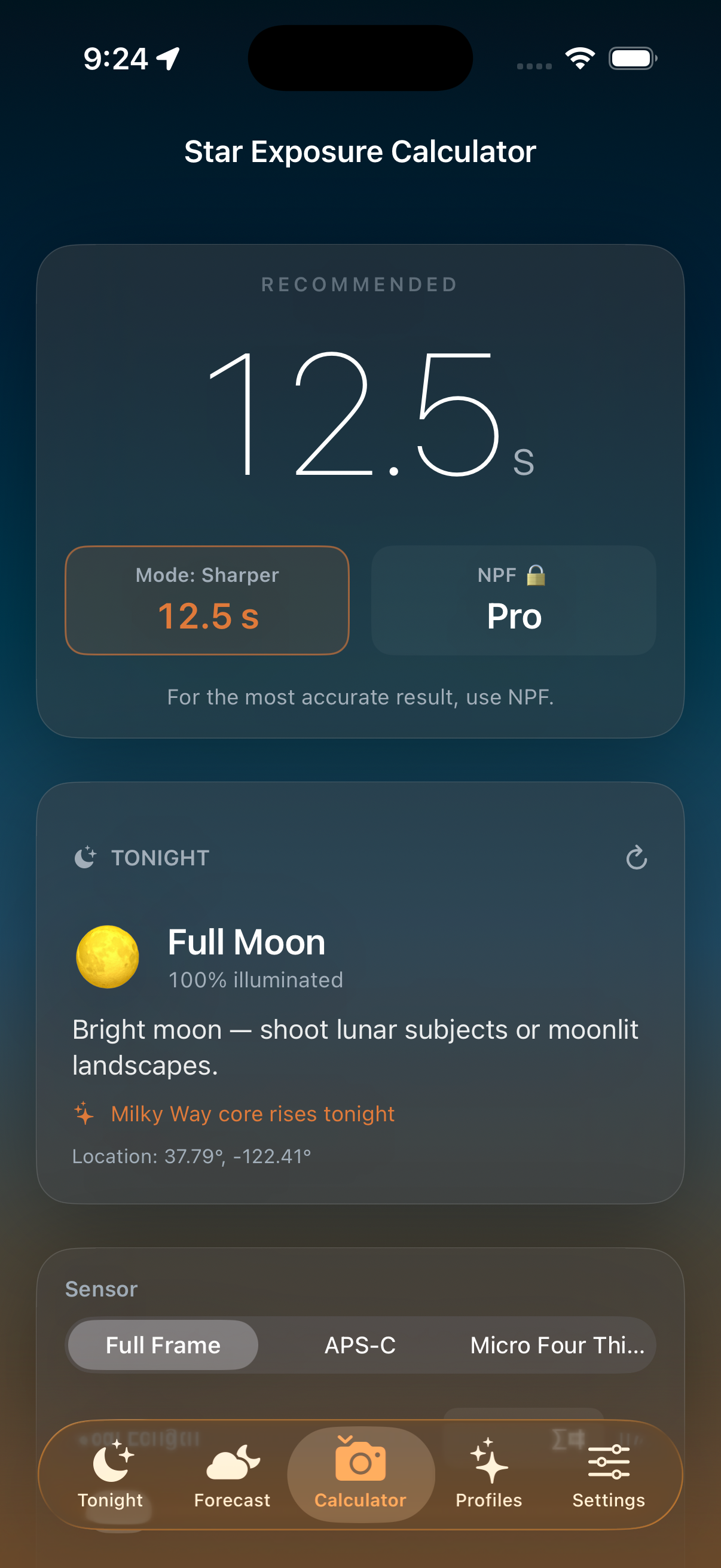 Dark Skies exposure calculator